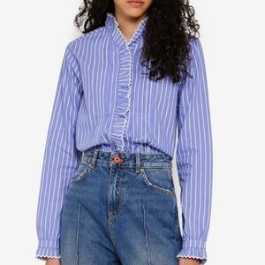 Scotch & Soda Blue and White Striped Ruffle-Trim Blouse